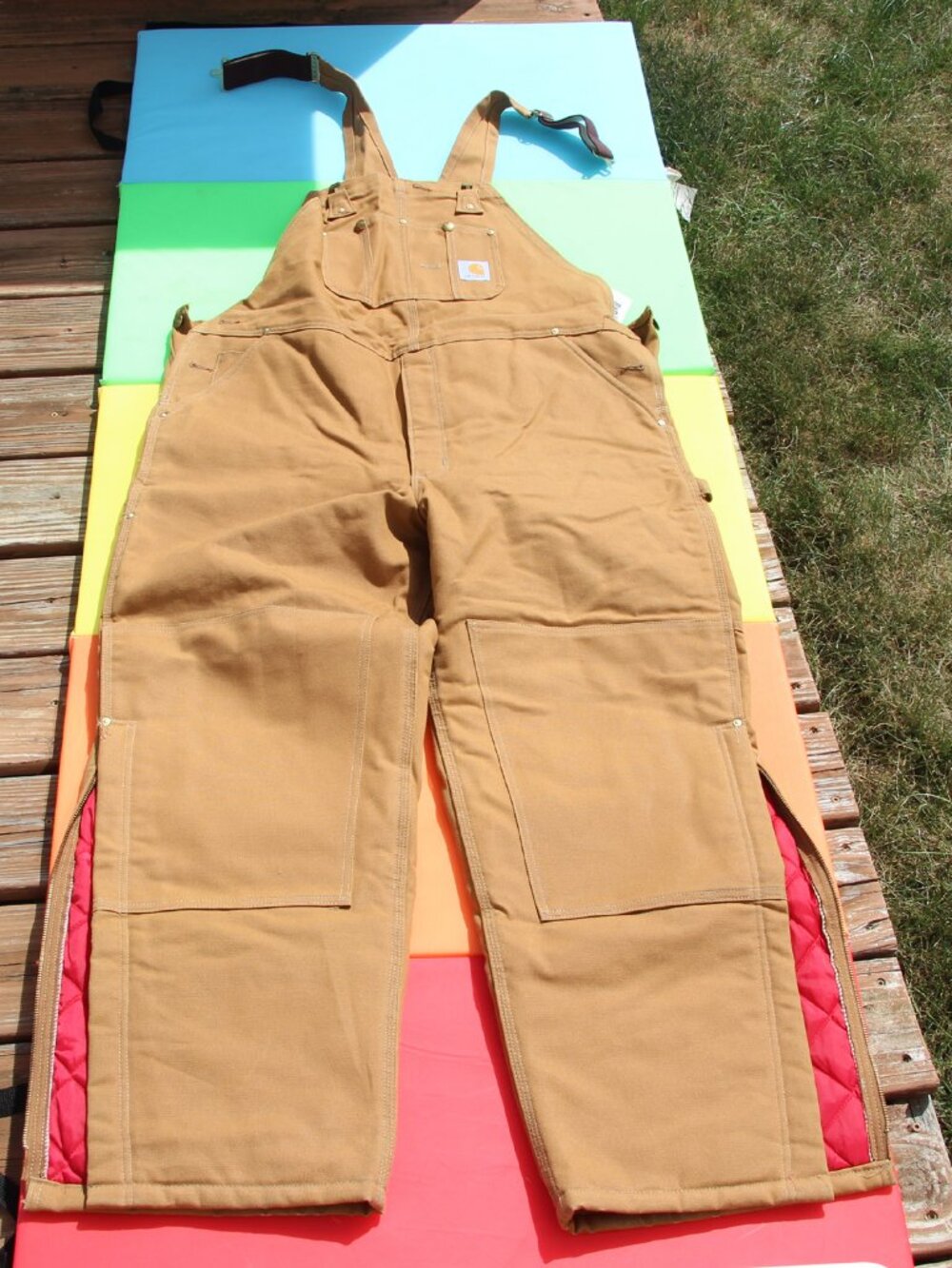 Carhartt R02 BRN Bib Overalls Red Quilt Lined USA Made 44x30 Double Knee